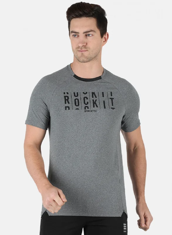 Men Grey Self Design Round Neck T-Shirt