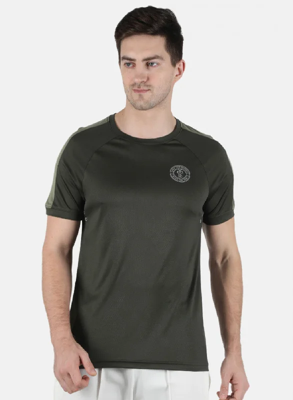 Men Olive Plain Round Neck T-Shirt