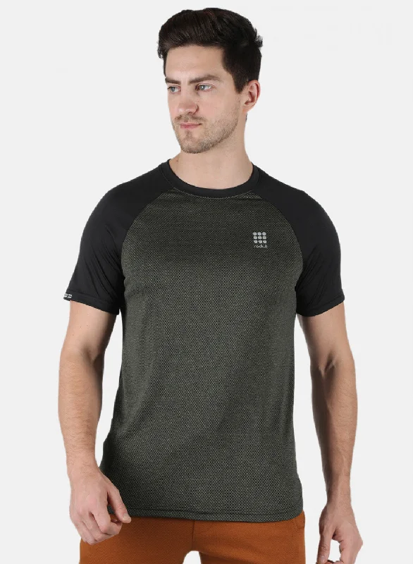 Men Olive Self Design Round Neck T-Shirt