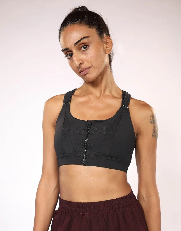 Adjustable Front Zip Sports Bra - Black