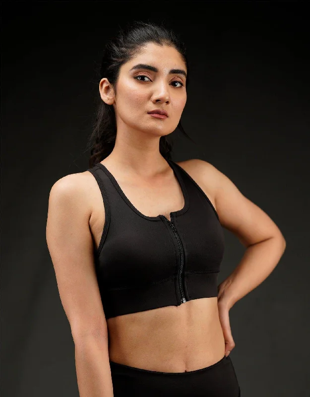 Front Zip Sports Bra - Black