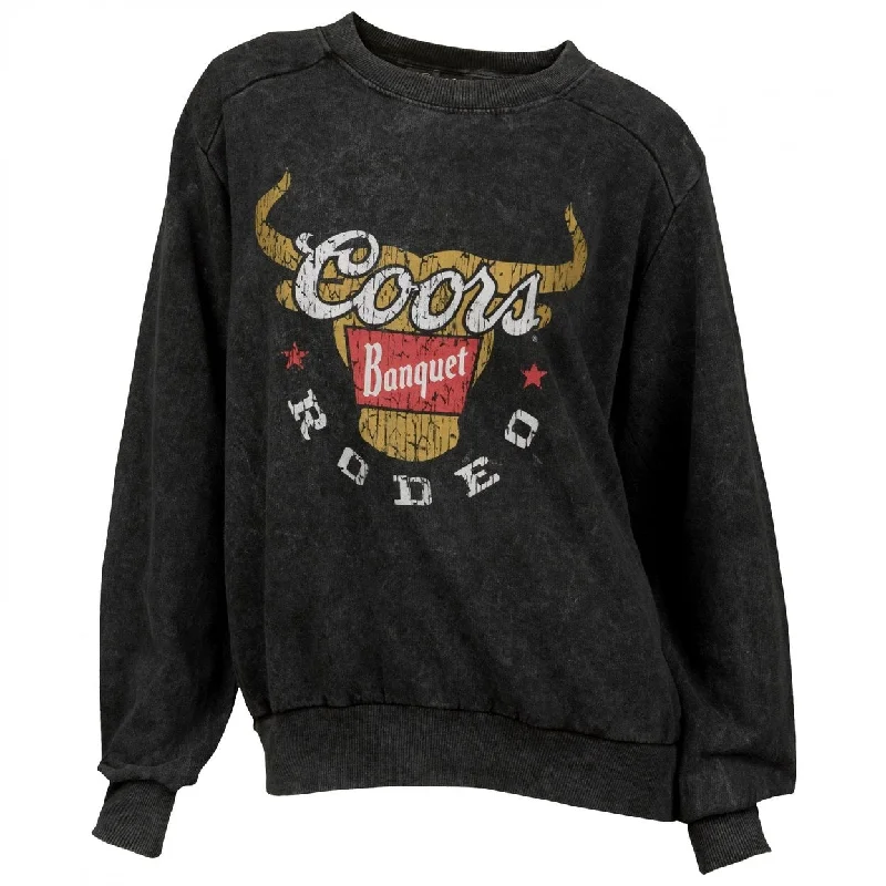 Coors Banquet Rodeo Long Horns Logo Black Mineral Wash Womens Crew Sweatshirt