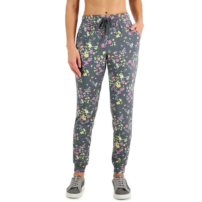 ID Ideology Women's Floral Print Pansy Slim Fit Drawstring Jogging Pants Gray Size X-Large - XL