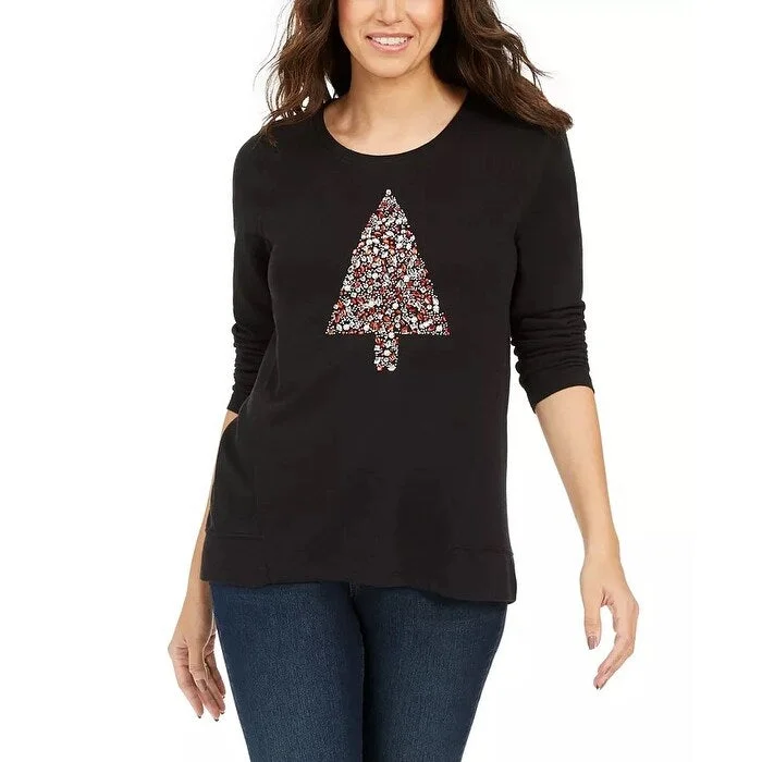 Style & Co Women's Embellished Tree Sweatshirt Black Size Medium