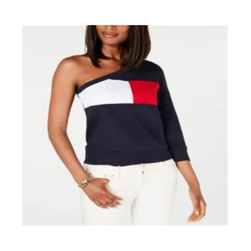 Tommy Hilfiger Women's One Shoulder Colorblocked Sweatshirt Blue Size Medium